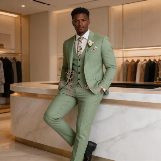 Men's Wedding Suit 3-Piece Military Green Jacket Vest Trousers