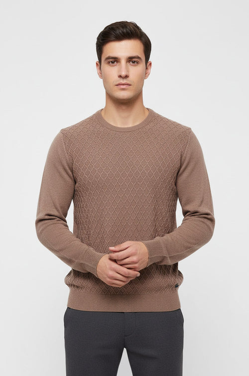 Diamond Pattern Circle Neck Beige Sweater - Wessi