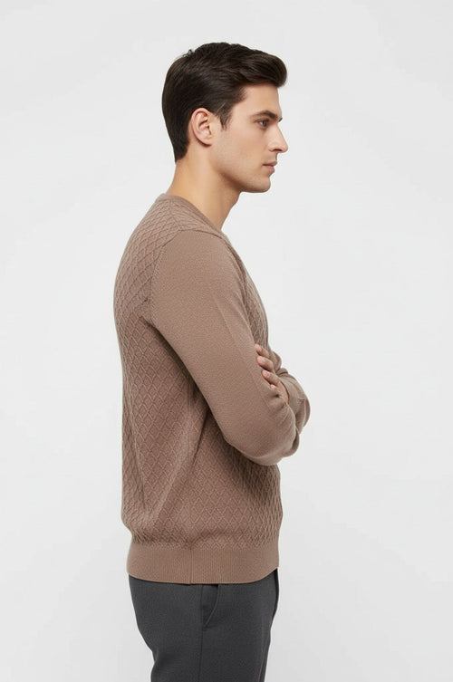 Diamond Pattern Circle Neck Beige Sweater - Wessi