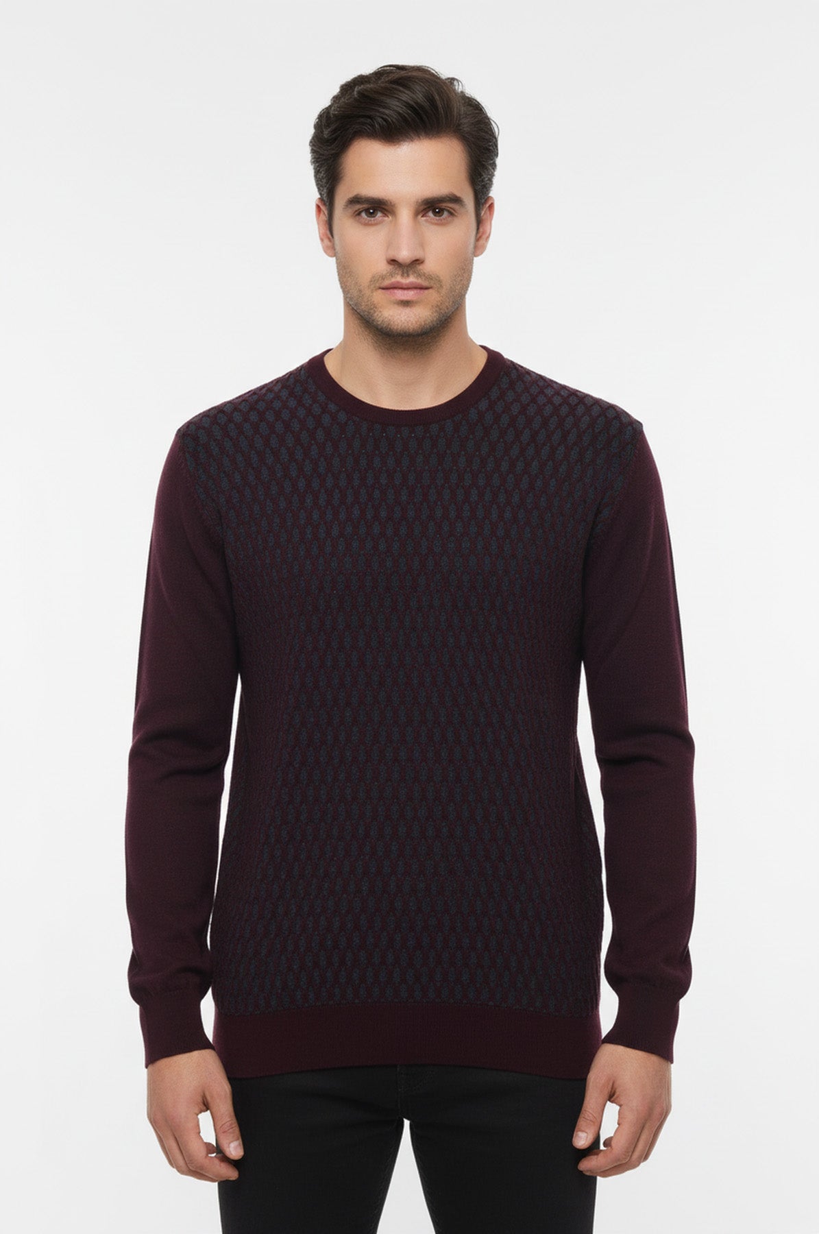 Burgundy Diamond Patterned Circle Neck Sweater - Wessi