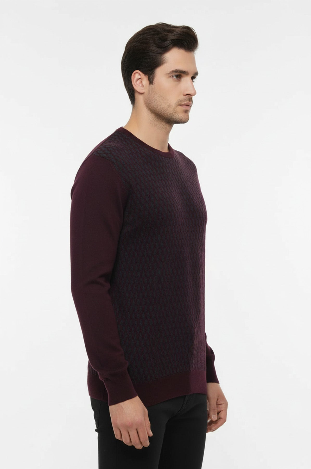 Burgundy Diamond Patterned Circle Neck Sweater - Wessi