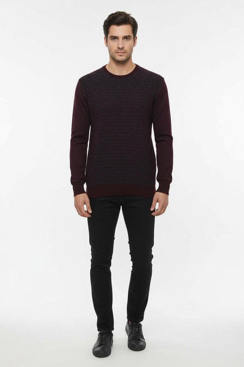 Burgundy Diamond Patterned Circle Neck Sweater - Wessi