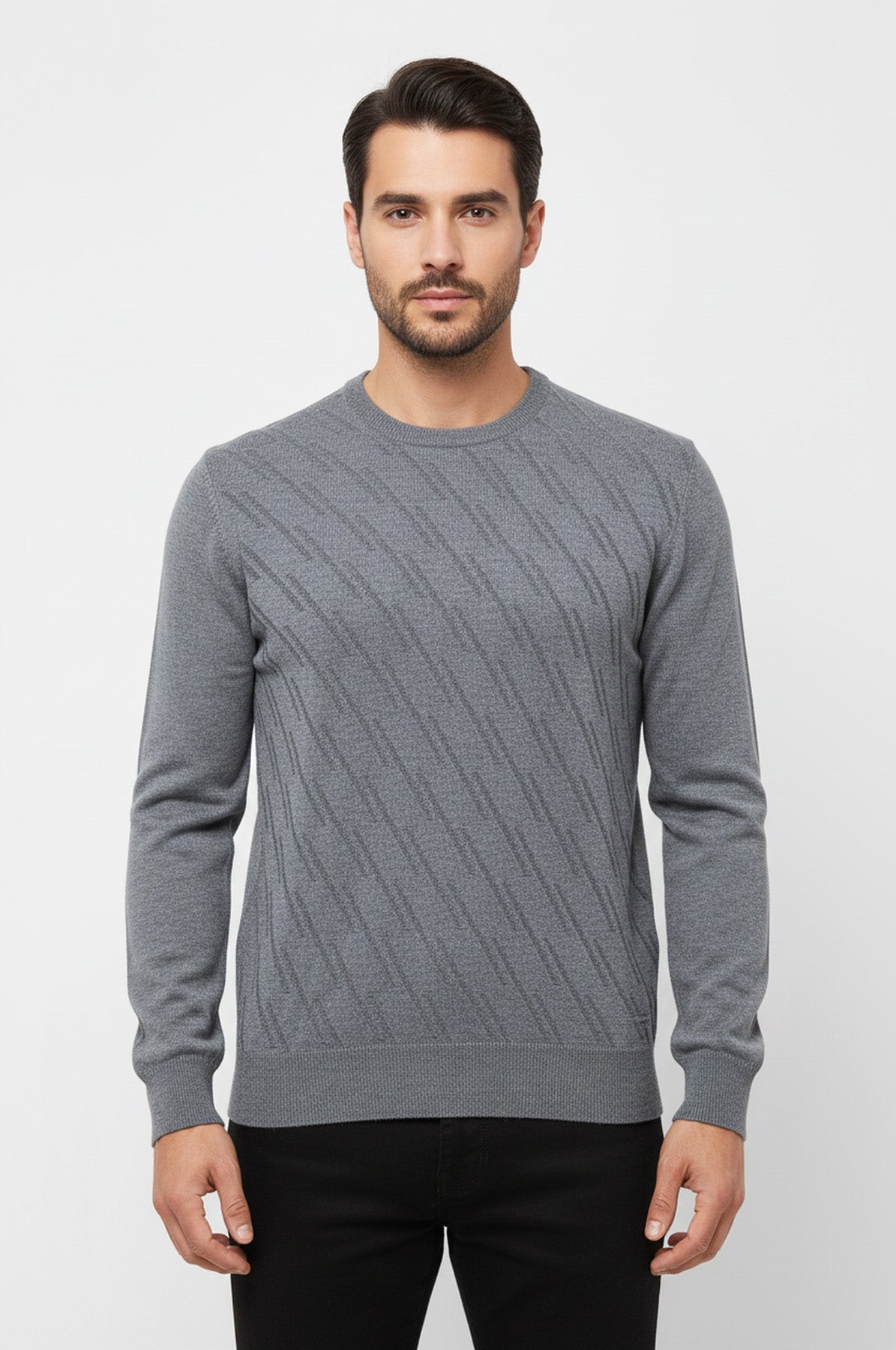 Grey Patterned Circle Neck Sweater - Wessi