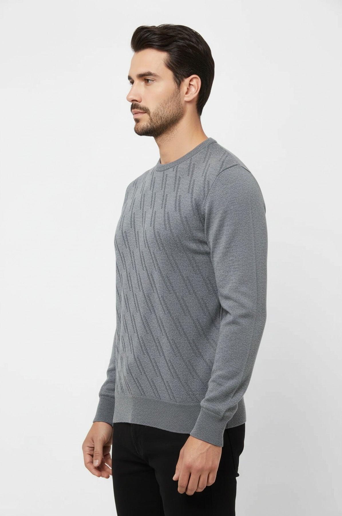 Grey Patterned Circle Neck Sweater - Wessi