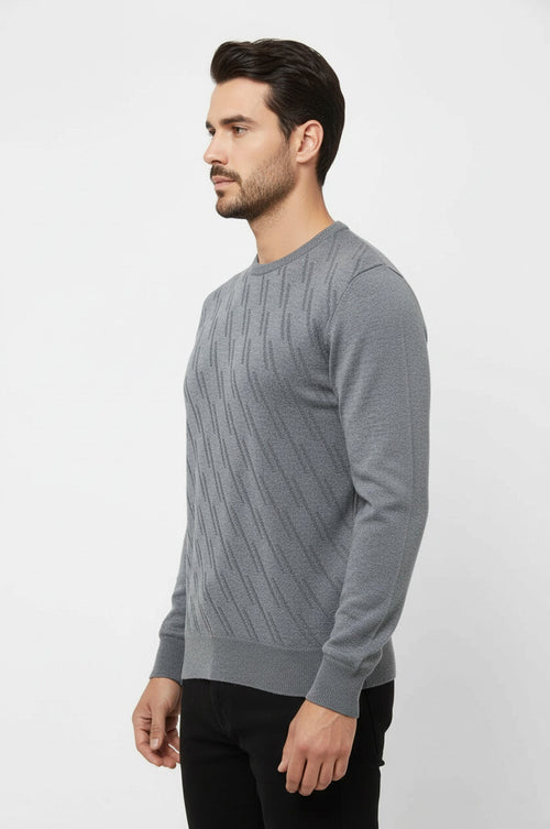 Grey Patterned Circle Neck Sweater - Wessi