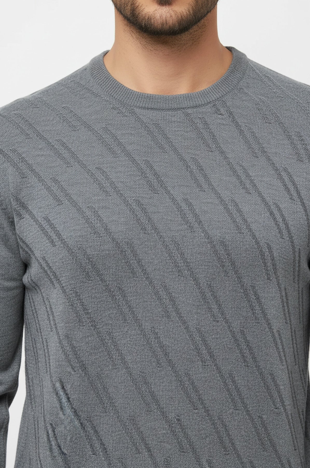 Grey Patterned Circle Neck Sweater - Wessi