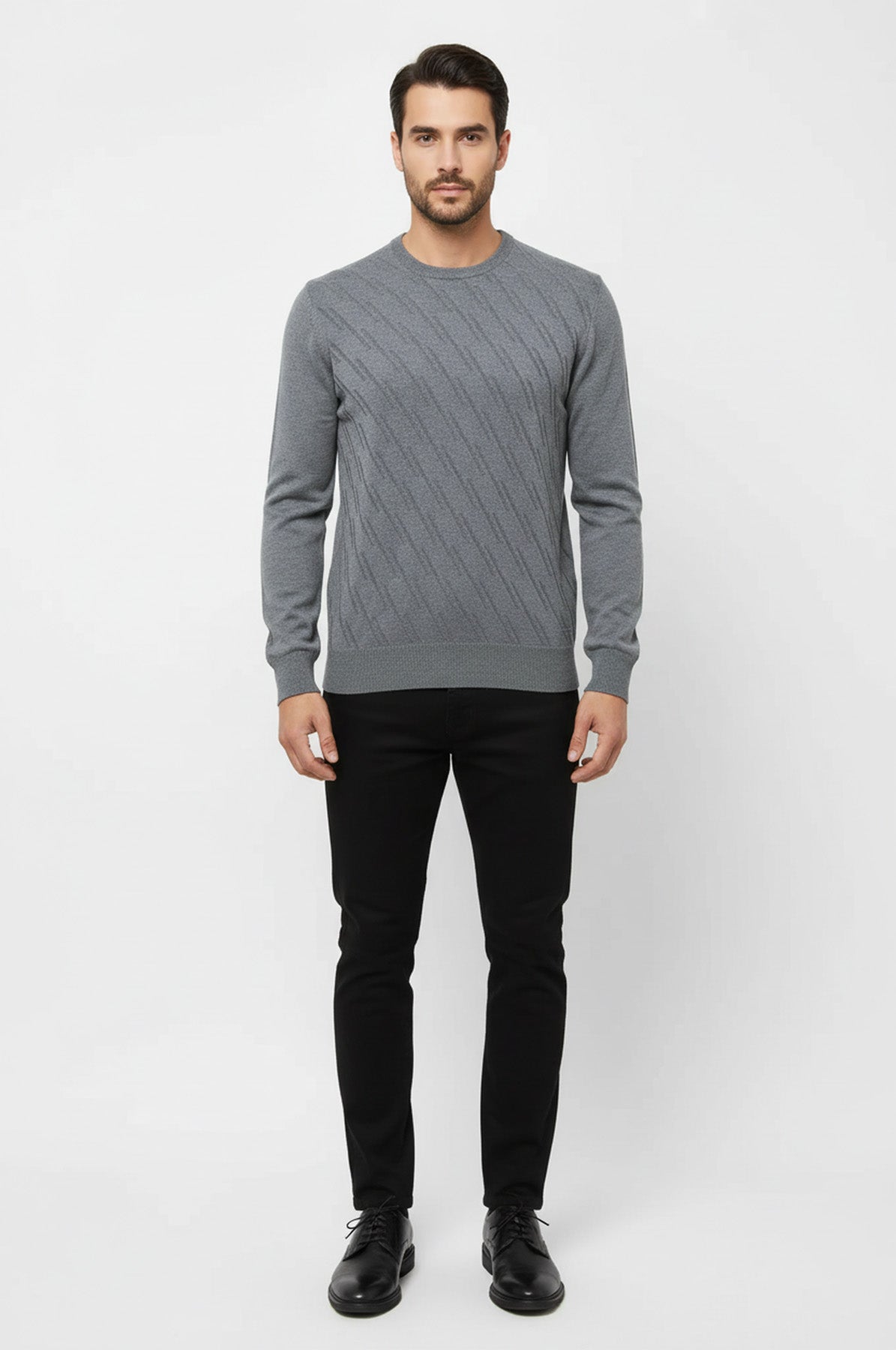 Grey Patterned Circle Neck Sweater - Wessi