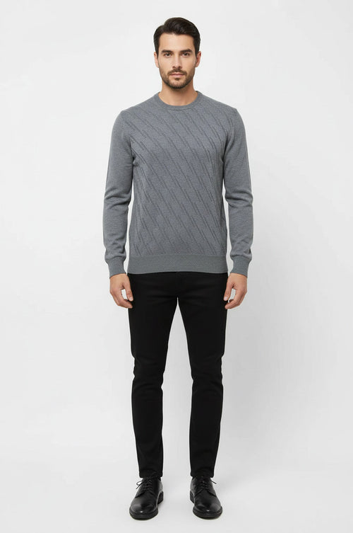 Grey Patterned Circle Neck Sweater - Wessi