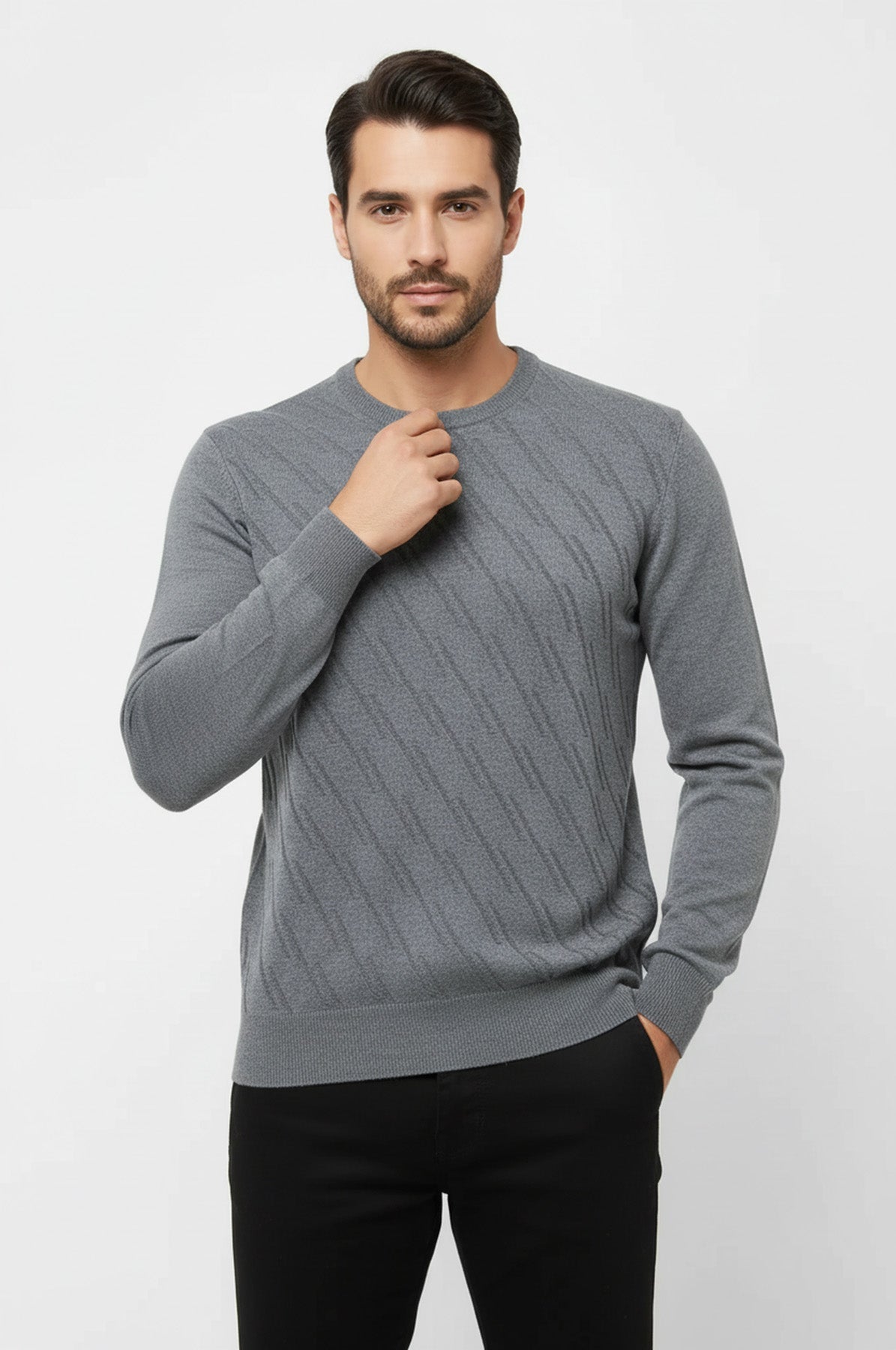 Grey Patterned Circle Neck Sweater - Wessi
