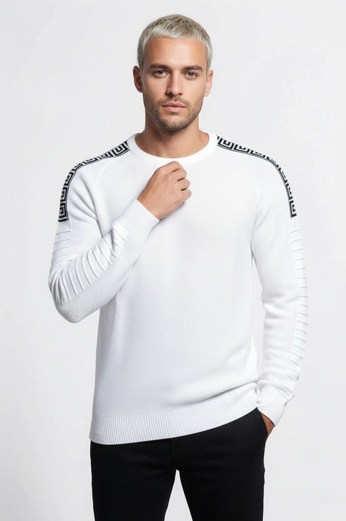 Crew Neck Knitwear Arms Patterned Over White - Wessi