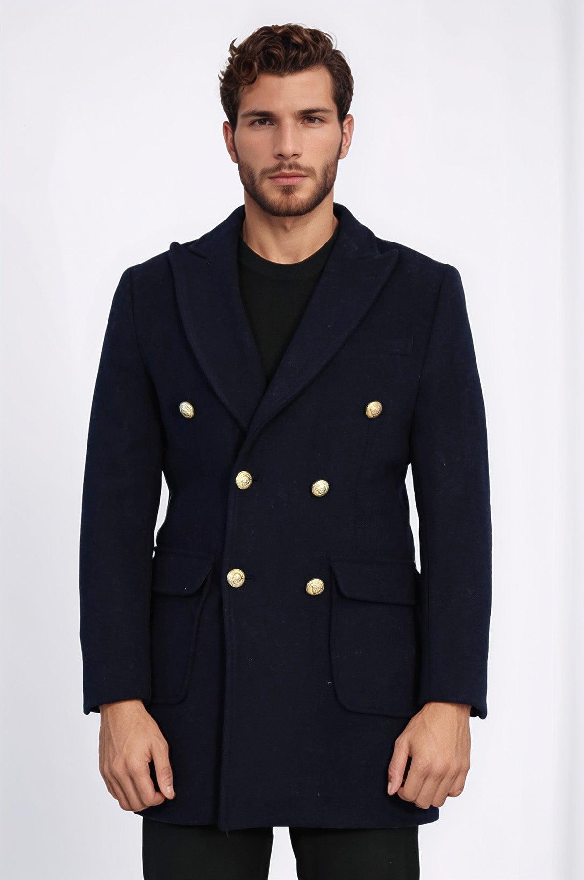 Navy Blue Metal Buttoned Double Breasted Long Coat - Wessi