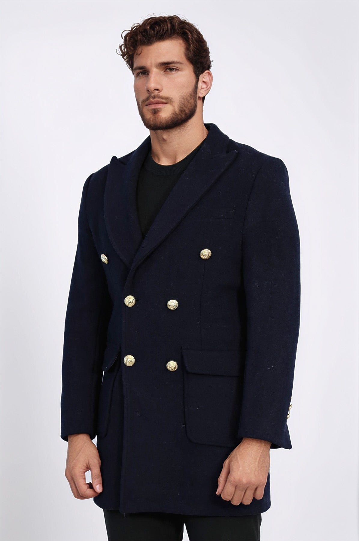 Navy Blue Metal Buttoned Double Breasted Long Coat - Wessi