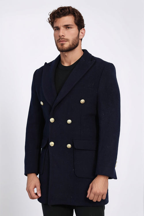 Navy Blue Metal Buttoned Double Breasted Long Coat - Wessi