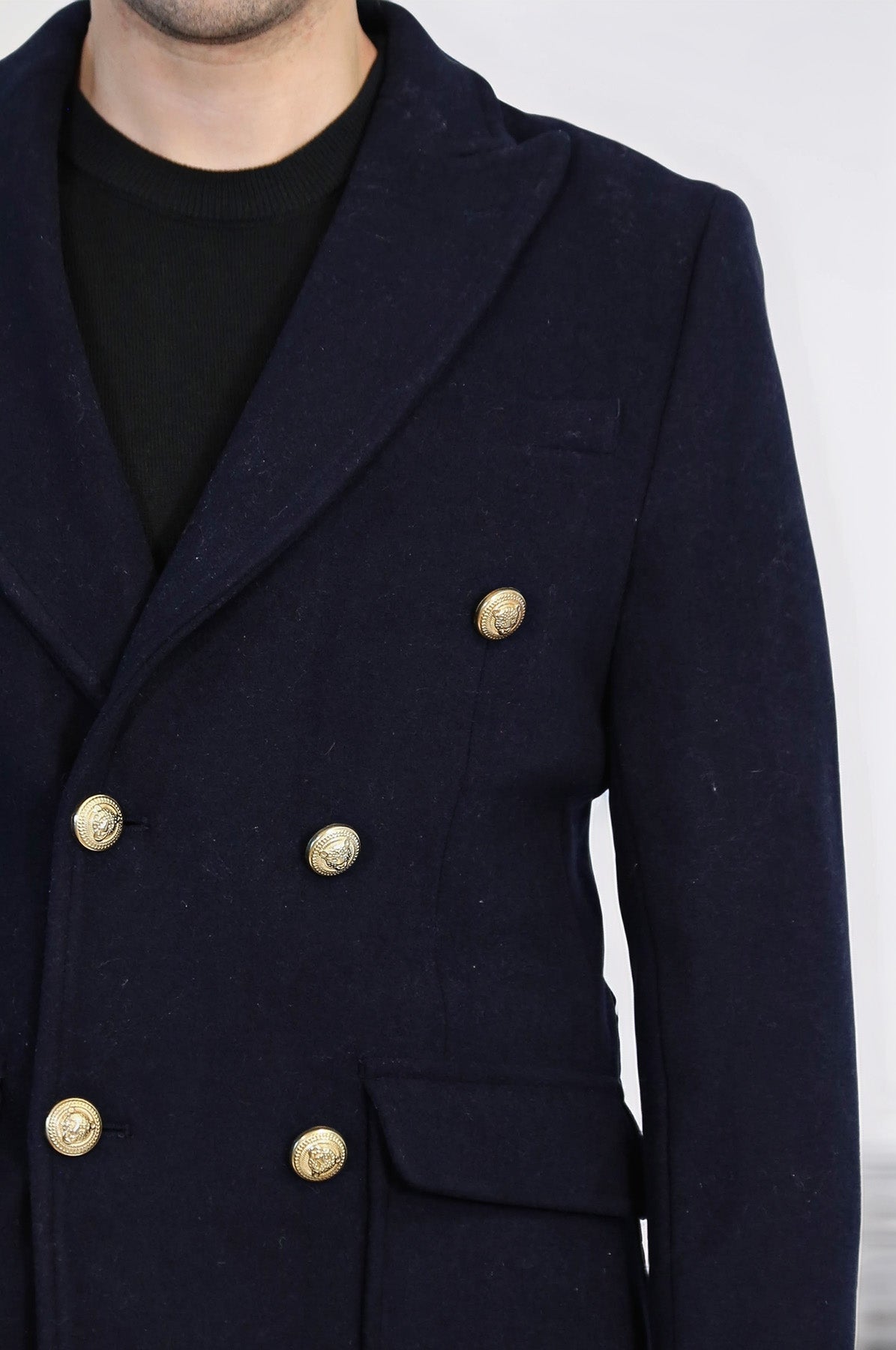 Navy Blue Metal Buttoned Double Breasted Long Coat - Wessi