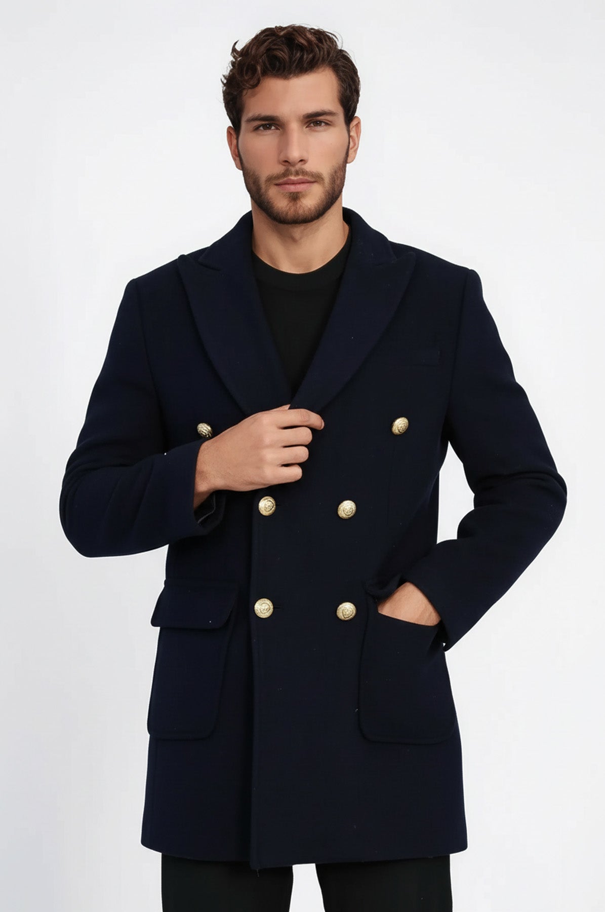 Navy Blue Metal Buttoned Double Breasted Long Coat - Wessi