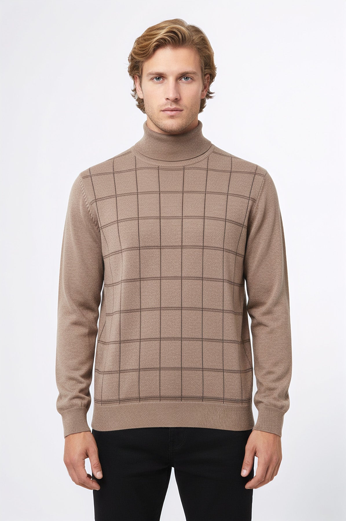 Plaid Half Turtleneck Beige Sweater - Wessi