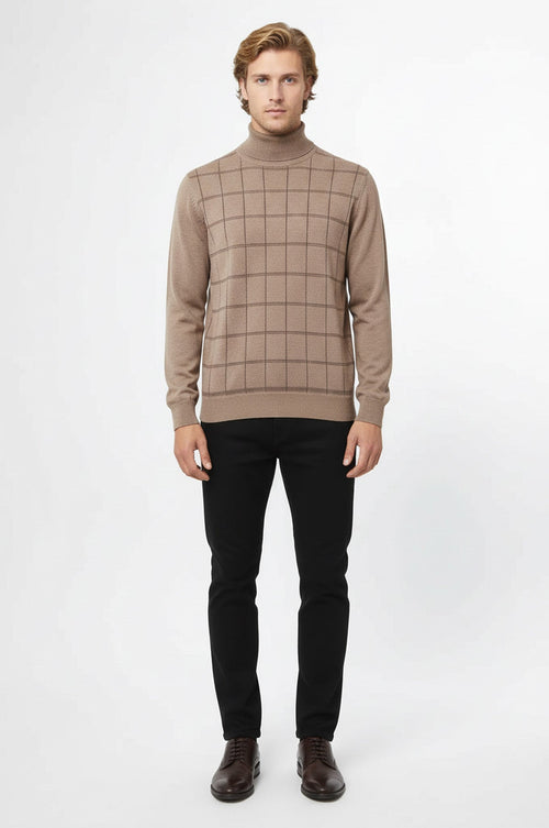 Plaid Half Turtleneck Beige Sweater - Wessi