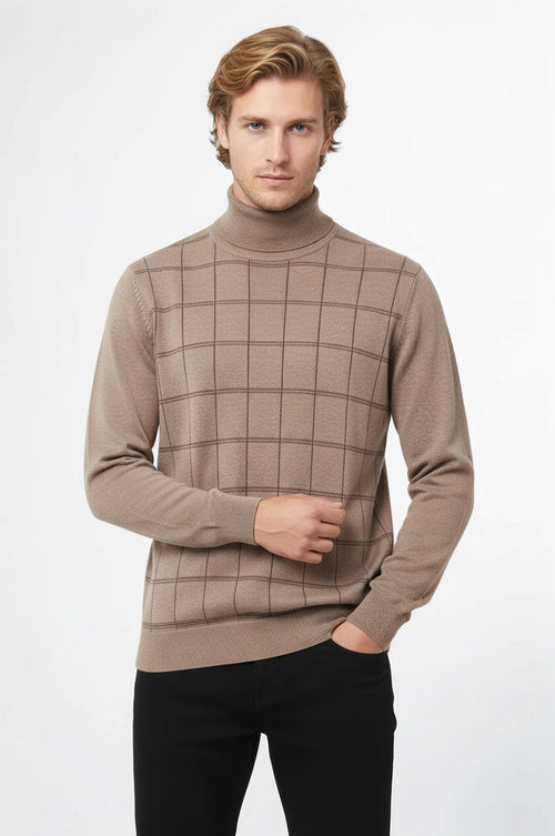 Plaid Half Turtleneck Beige Sweater - Wessi