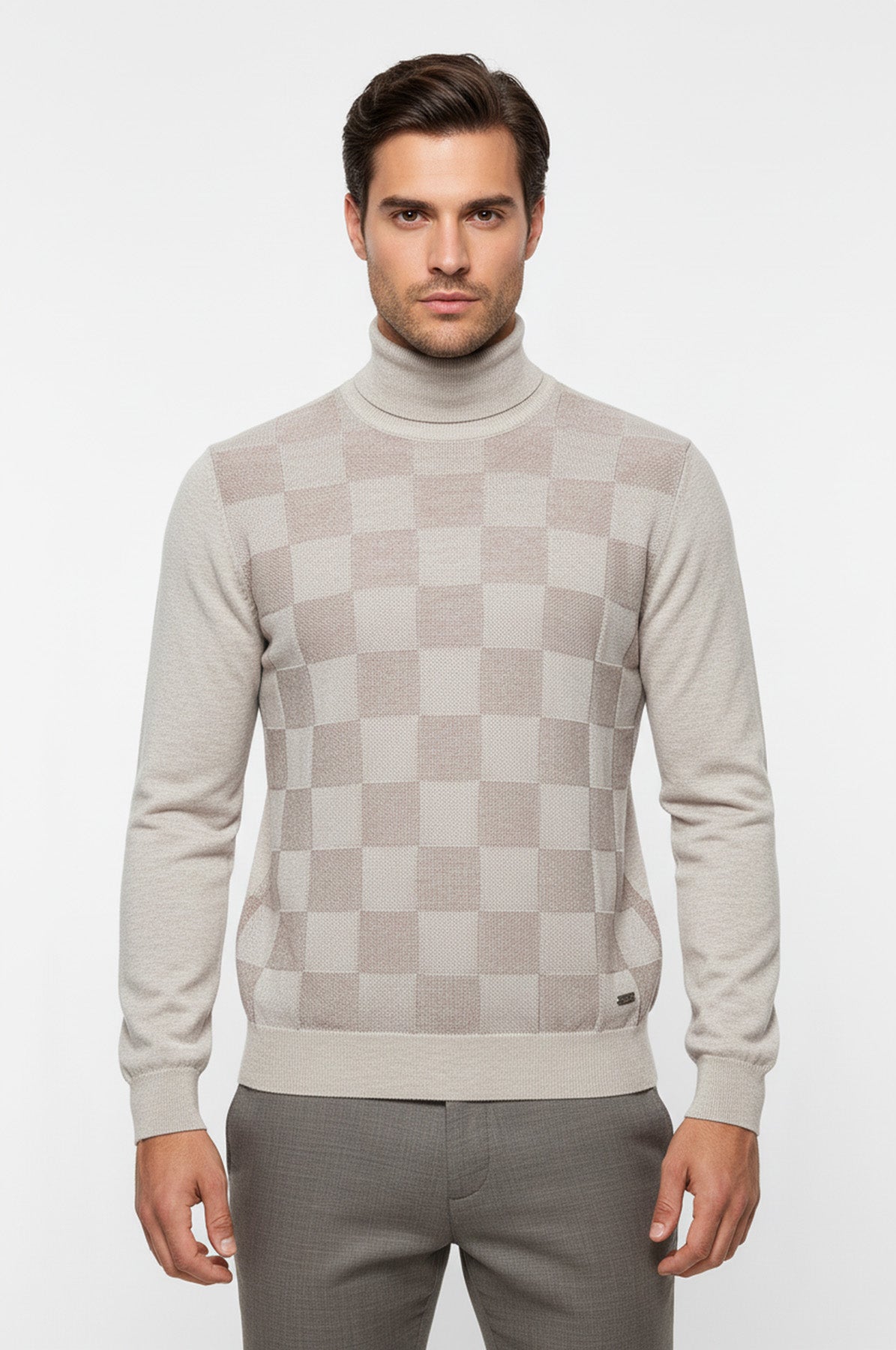 Bone White Plaid Half Turtleneck Sweater - Wessi