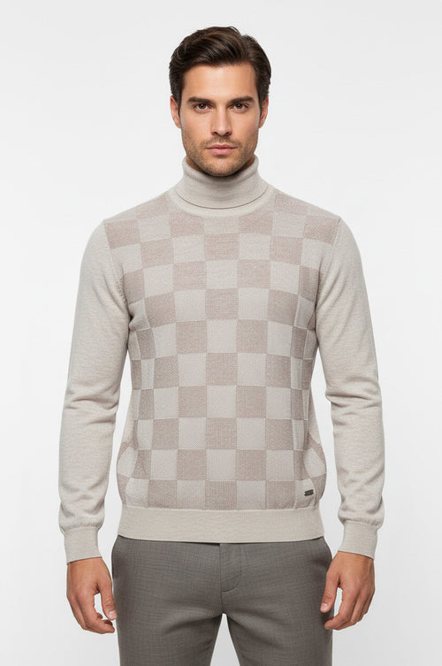 Bone White Plaid Half Turtleneck Sweater - Wessi