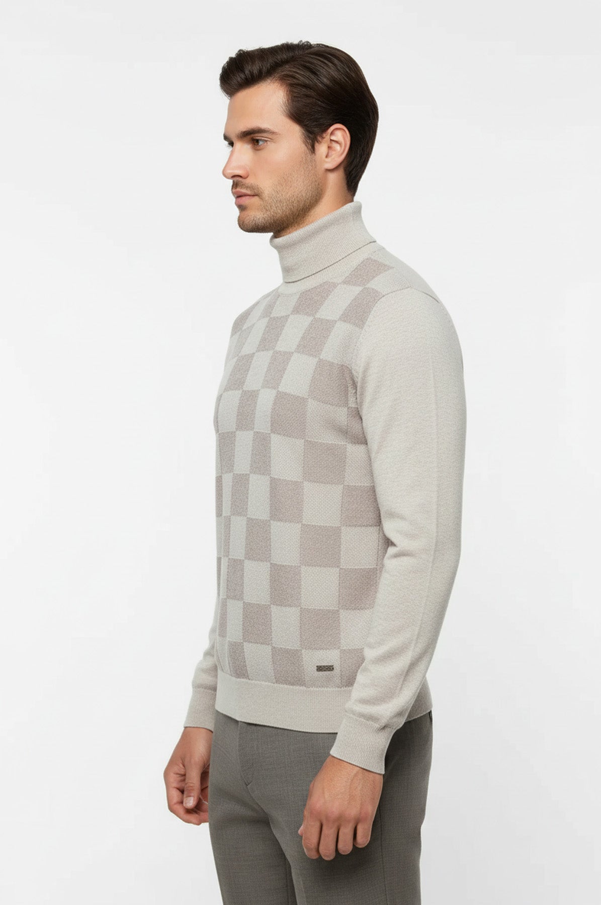Bone White Plaid Half Turtleneck Sweater - Wessi