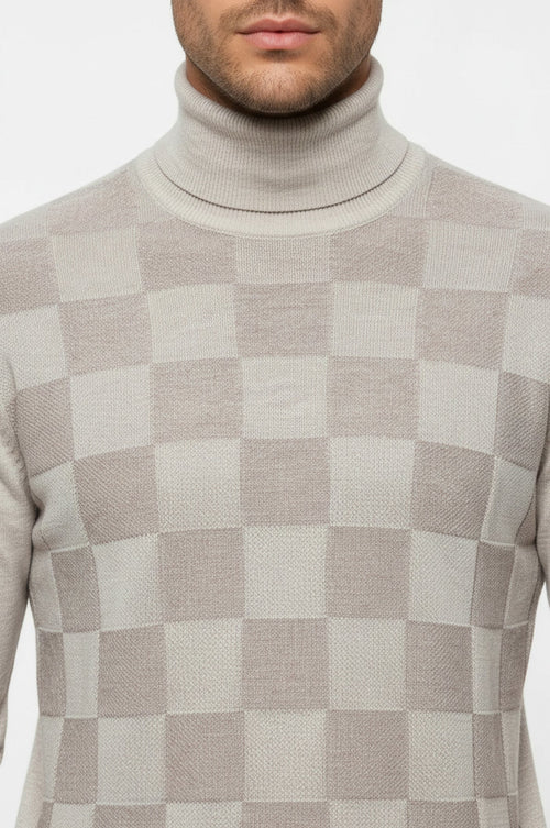Bone White Plaid Half Turtleneck Sweater - Wessi