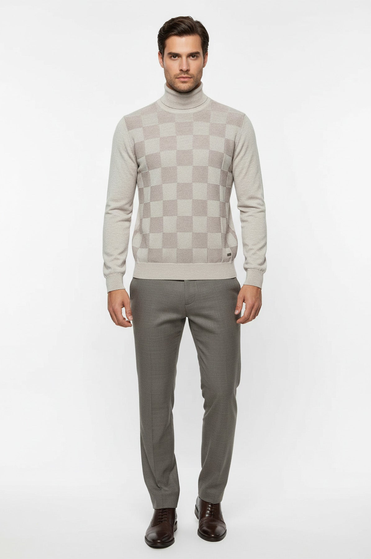 Bone White Plaid Half Turtleneck Sweater - Wessi