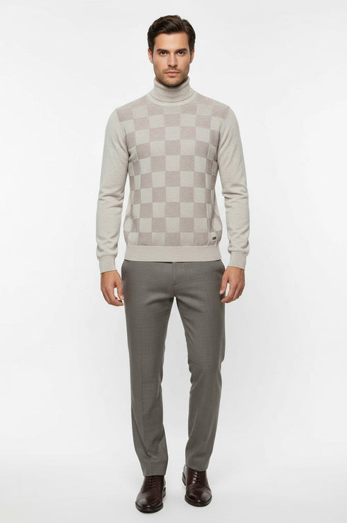 Bone White Plaid Half Turtleneck Sweater - Wessi