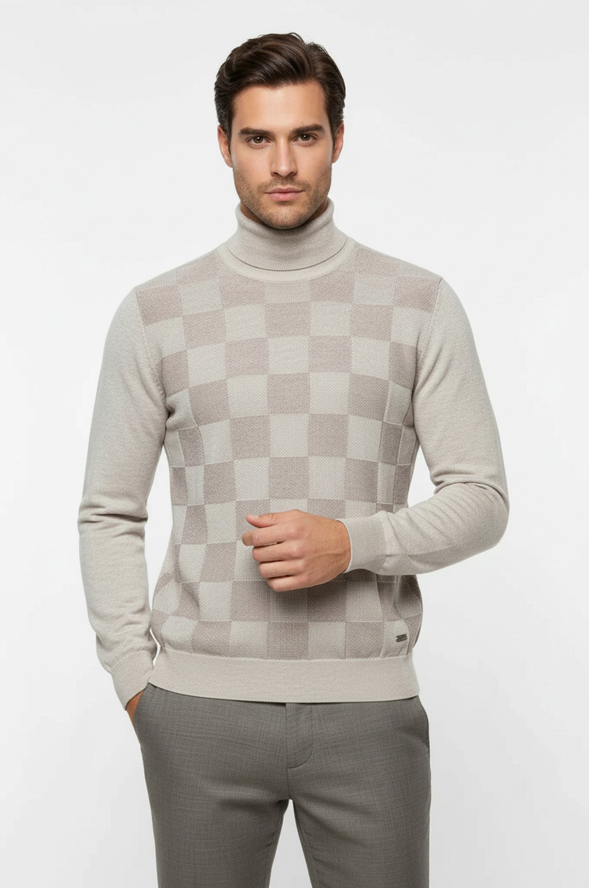 Bone White Plaid Half Turtleneck Sweater - Wessi
