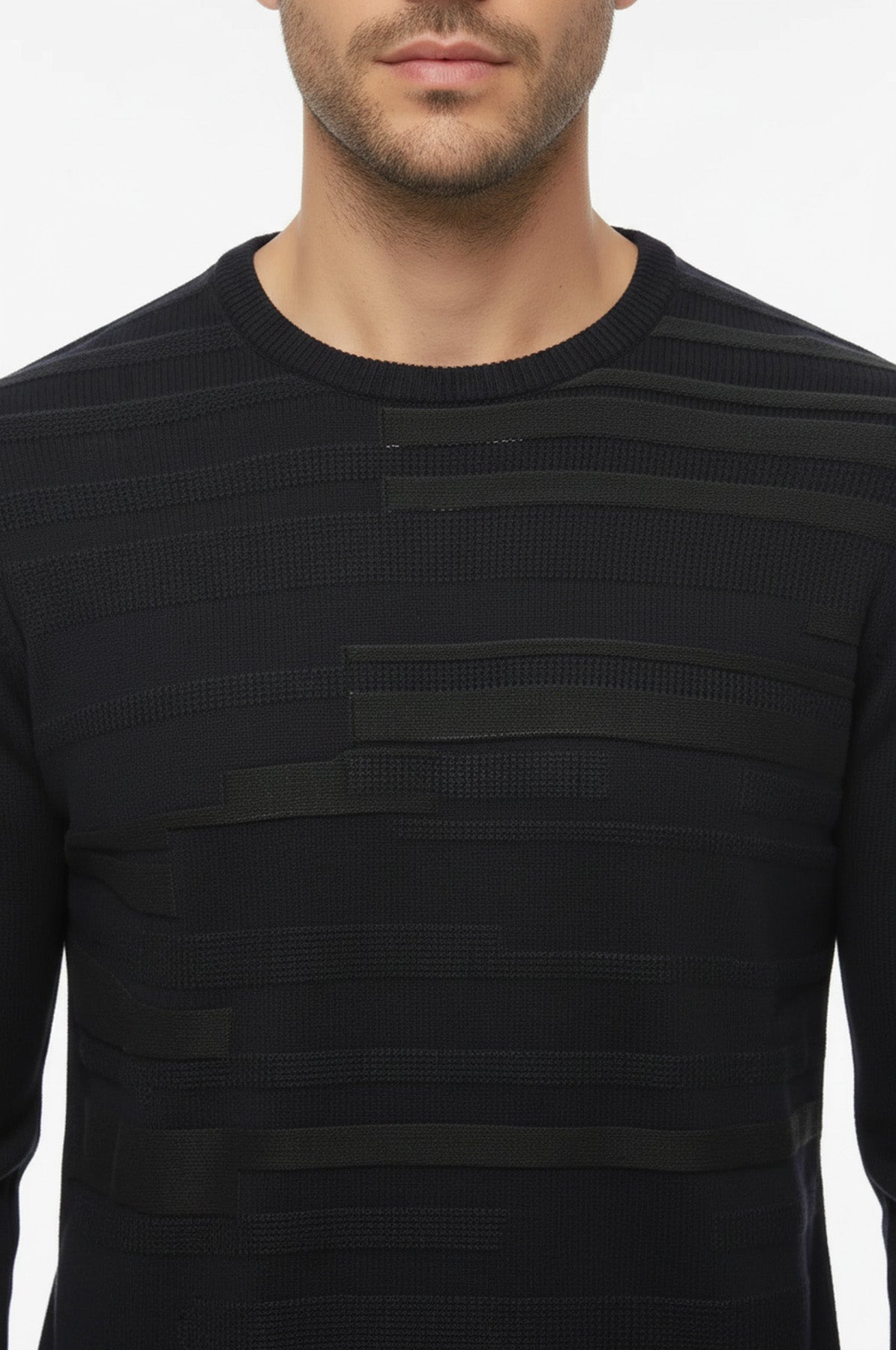 Navy Chest Patterned Circle Neck Sweater - Wessi