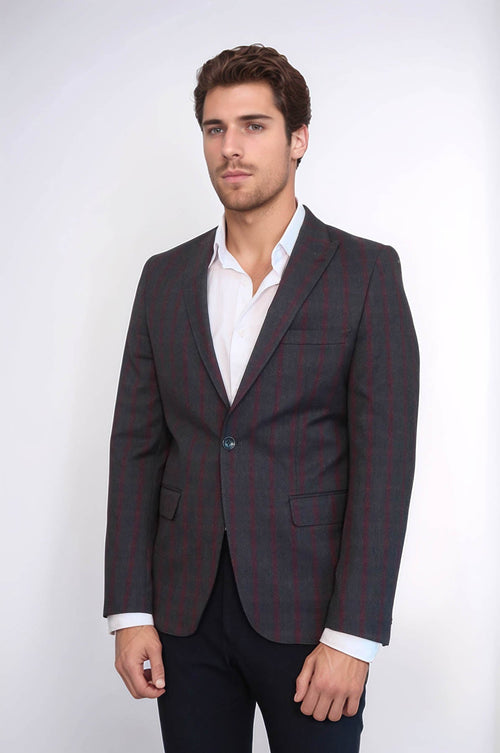 Checked Slim-Fit Dark Grey Men Blazer - Wessi
