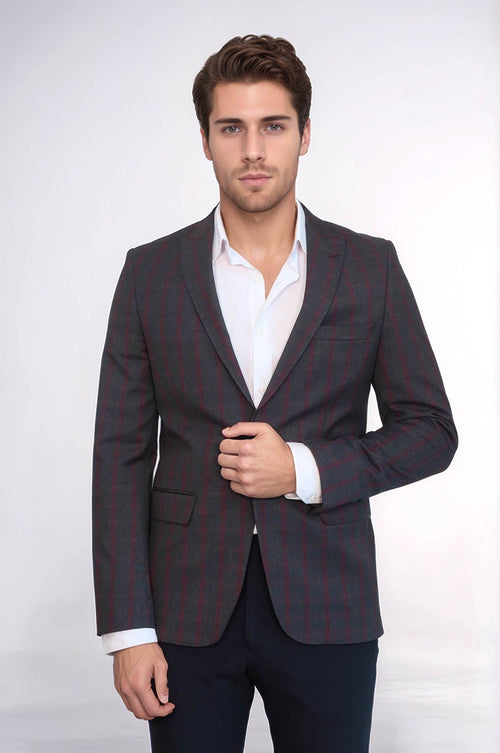 Checked Slim-Fit Dark Grey Men Blazer - Wessi