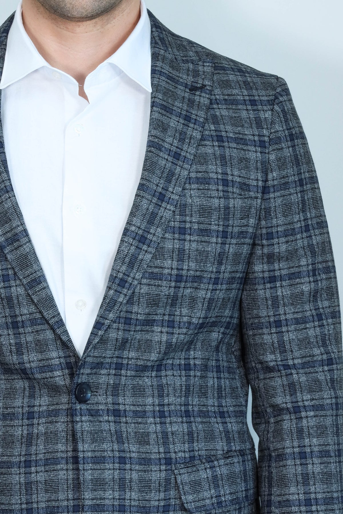 Checked Slim-Fit Navy Blue Men Blazer - Wessi