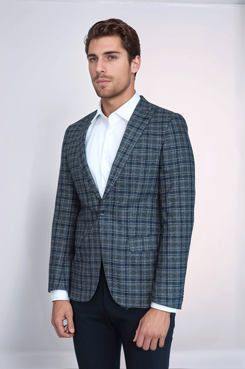 Checked Slim-Fit Navy Blue Men Blazer - Wessi