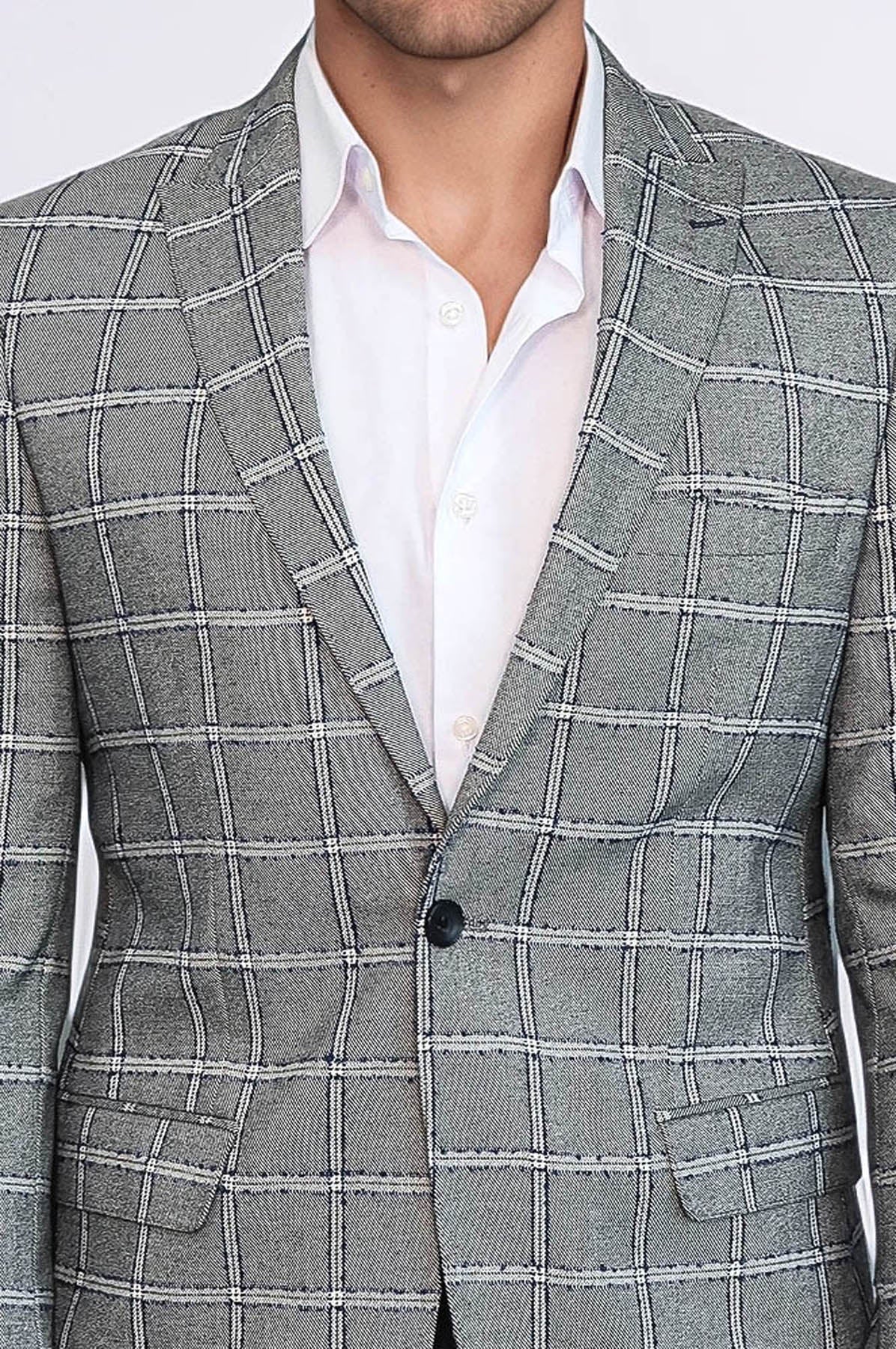 Checked Slim-Fit Grey Men Blazer - Wessi