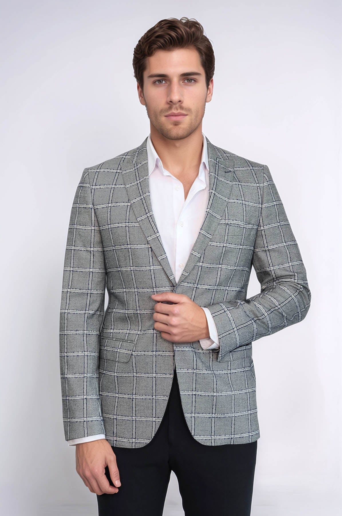 Checked Slim-Fit Grey Men Blazer - Wessi