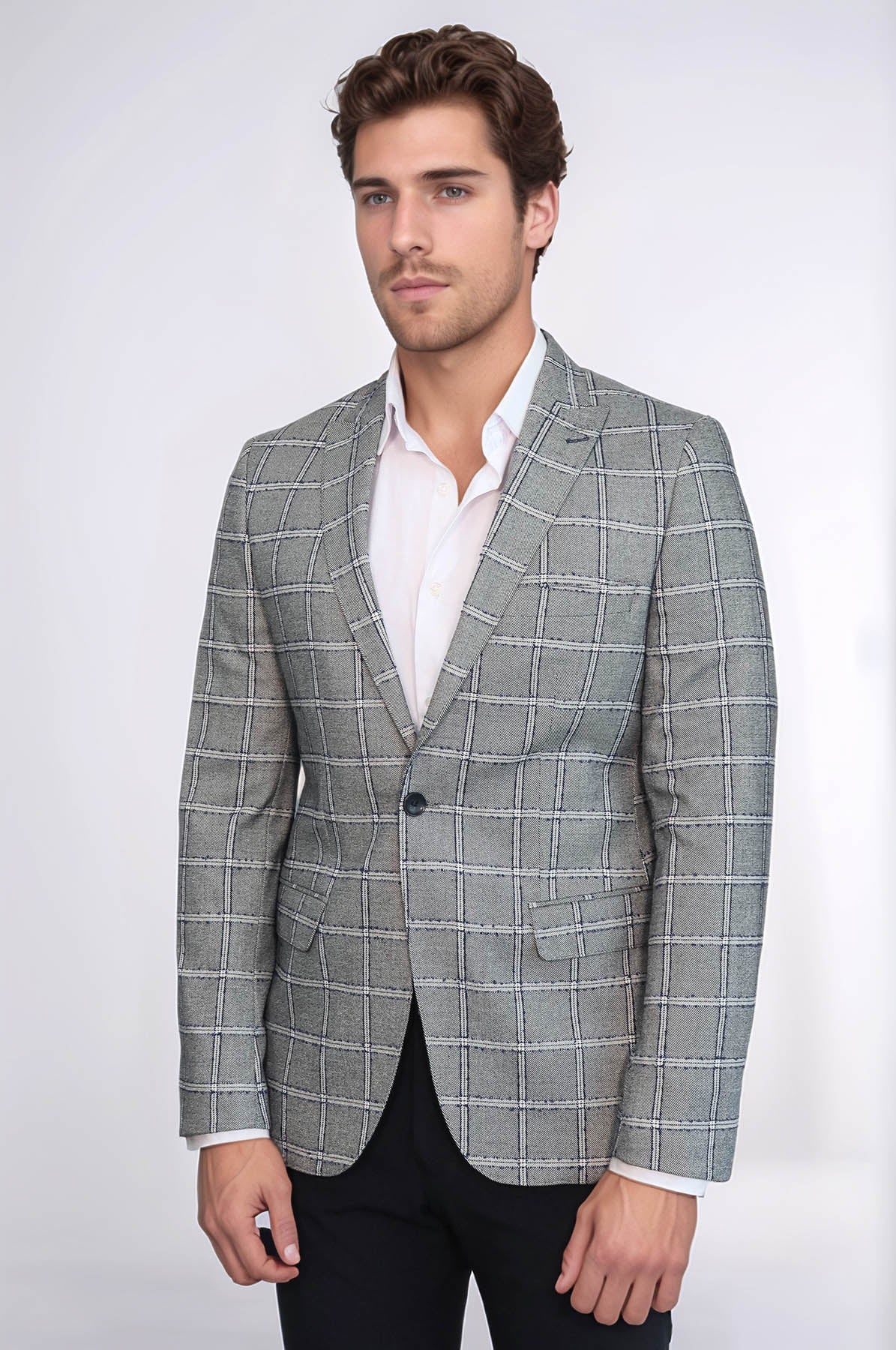 Checked Slim-Fit Grey Men Blazer - Wessi