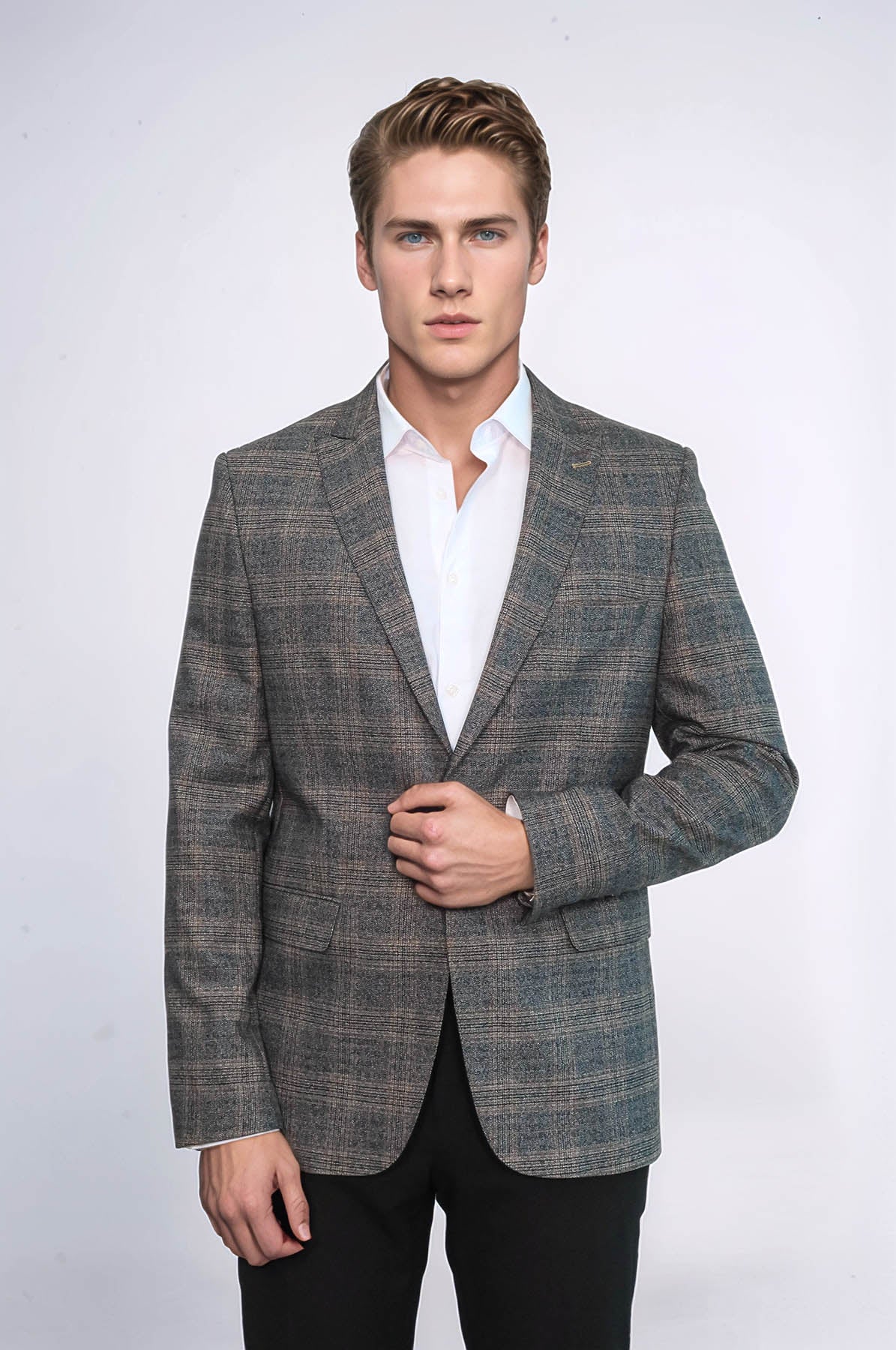 Checked Slim-Fit Dark Grey Men Blazer - Wessi
