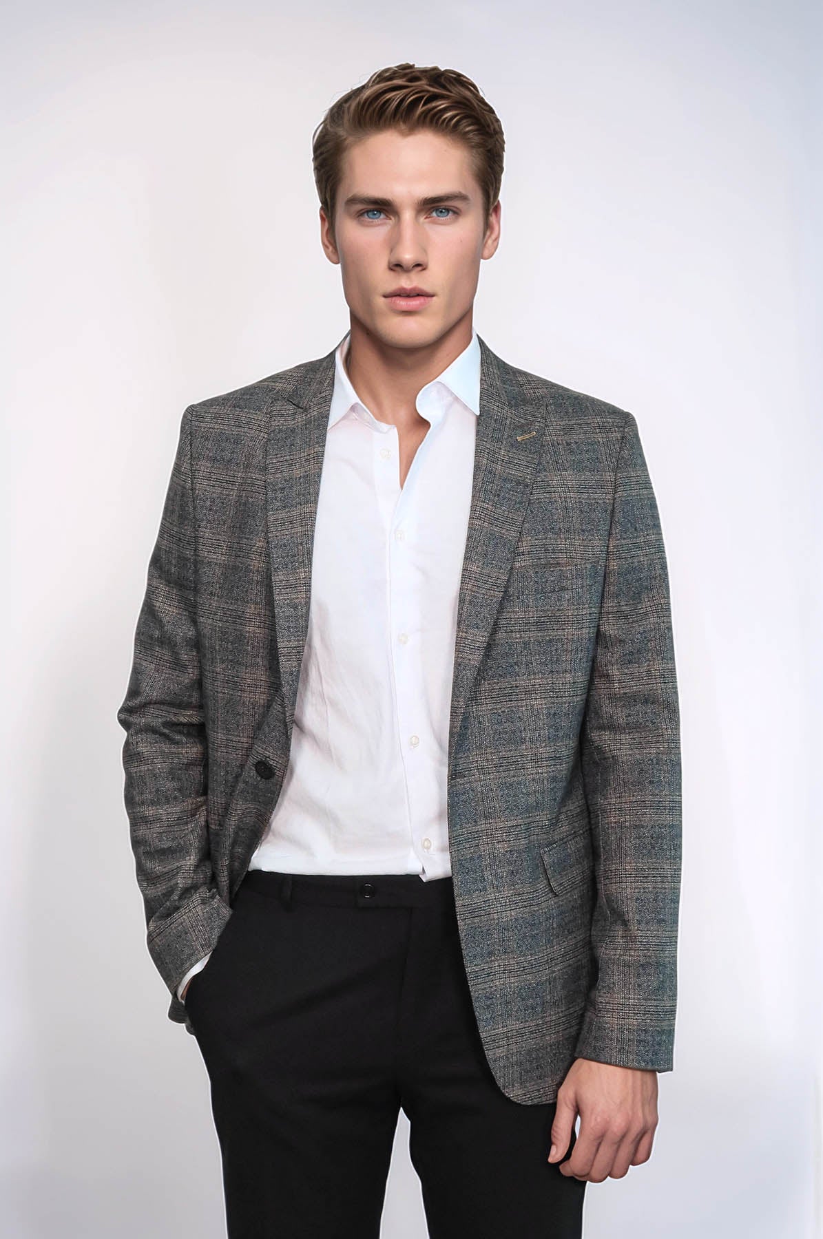 Checked Slim-Fit Dark Grey Men Blazer - Wessi