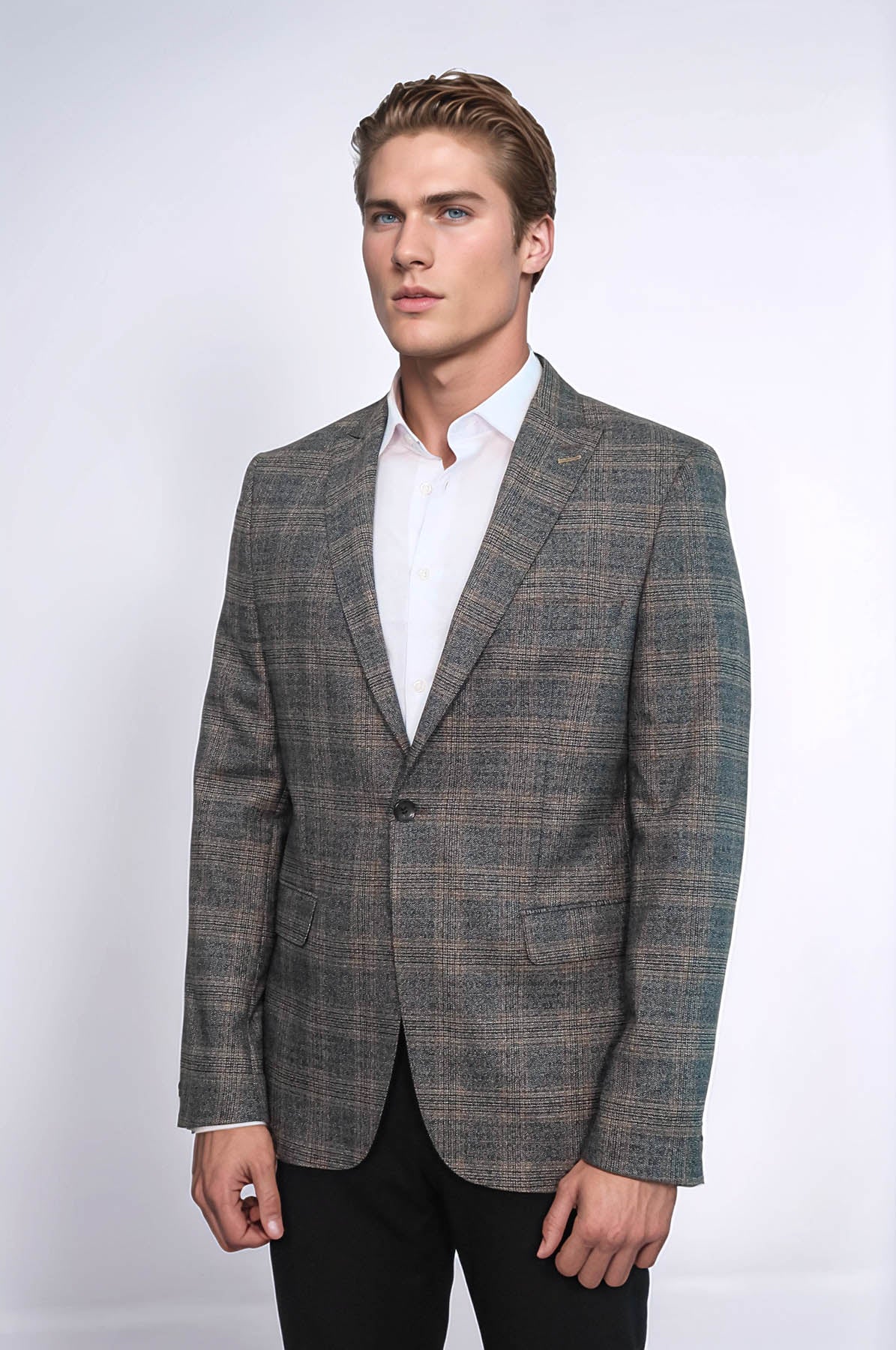 Checked Slim-Fit Dark Grey Men Blazer - Wessi