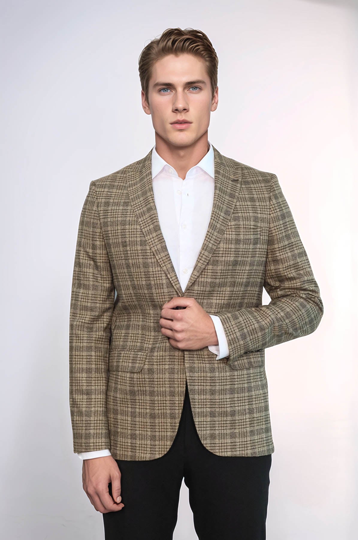 Checked Slim-Fit Light Brown Men Blazer - Wessi