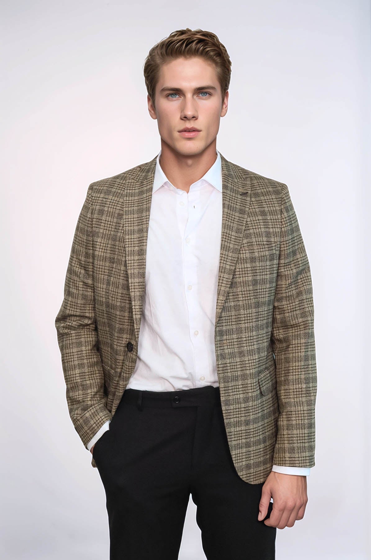 Checked Slim-Fit Light Brown Men Blazer - Wessi