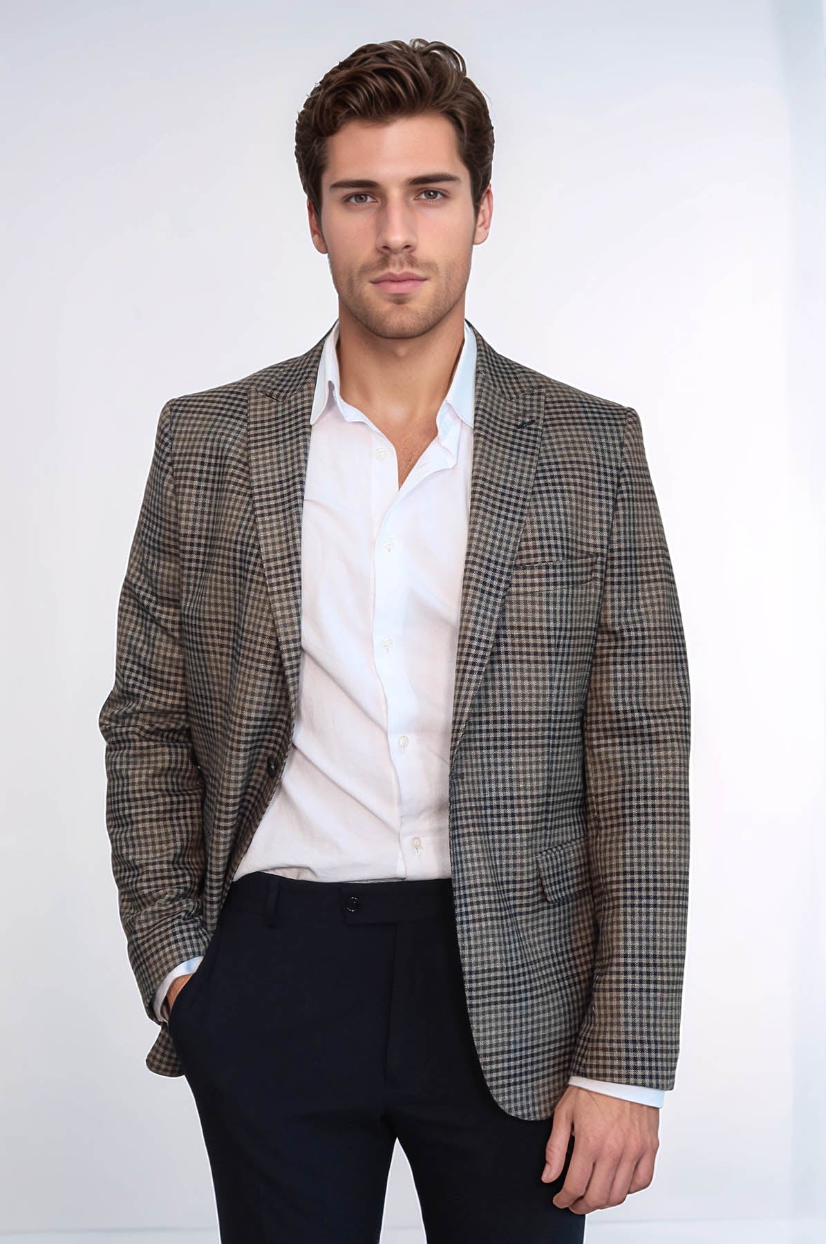 Plaid Slim-Fit Brown Men Blazer - Wessi