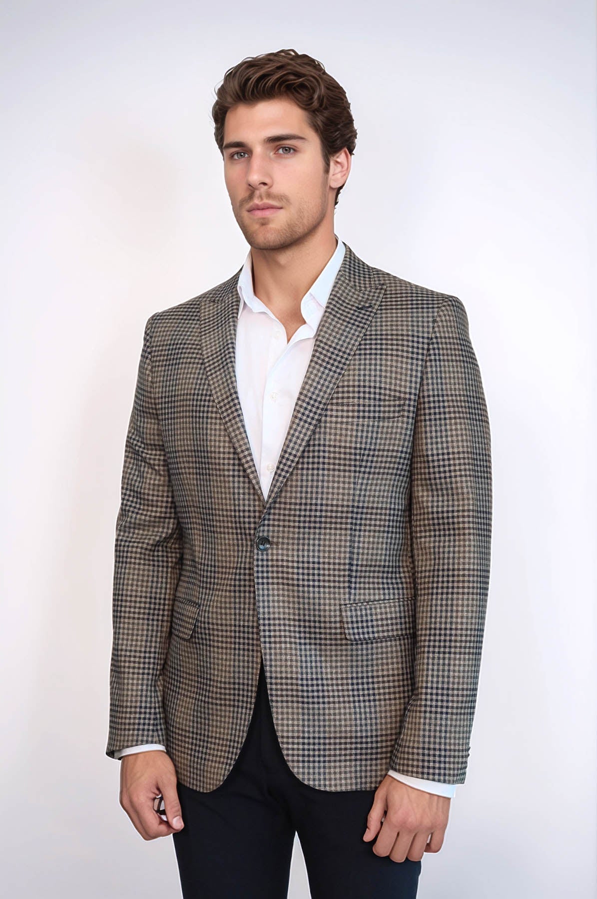 Plaid Slim-Fit Brown Men Blazer - Wessi