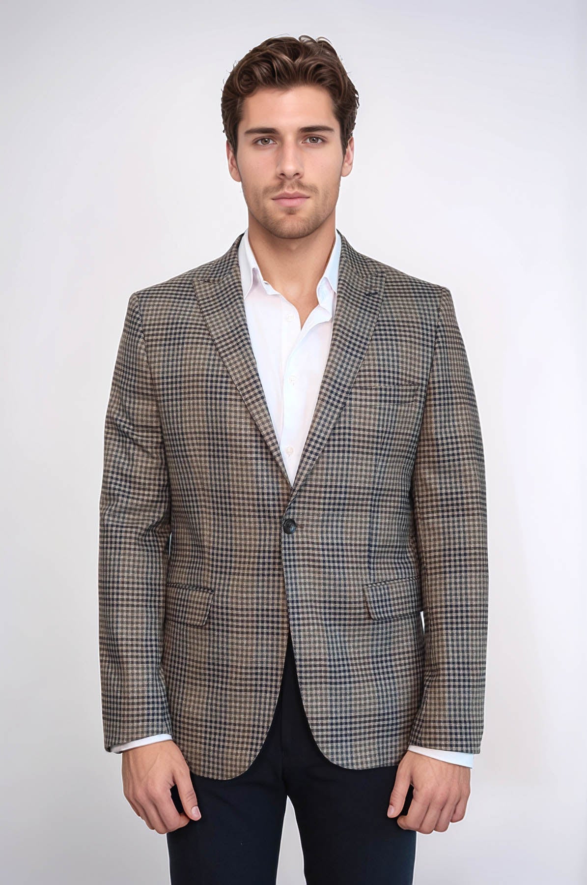 Plaid Slim-Fit Brown Men Blazer - Wessi