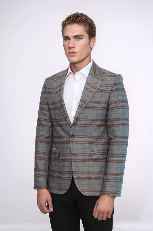 Checked Slim-Fit Brown Men Blazer - Wessi