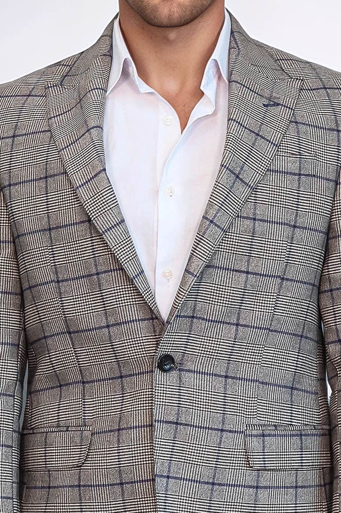 Slim-Fit Checked Beige Men Blazer - Wessi