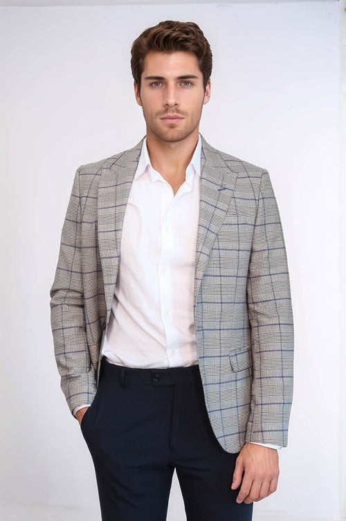 Slim-Fit Checked Beige Men Blazer - Wessi