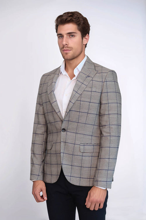 Slim-Fit Checked Beige Men Blazer - Wessi