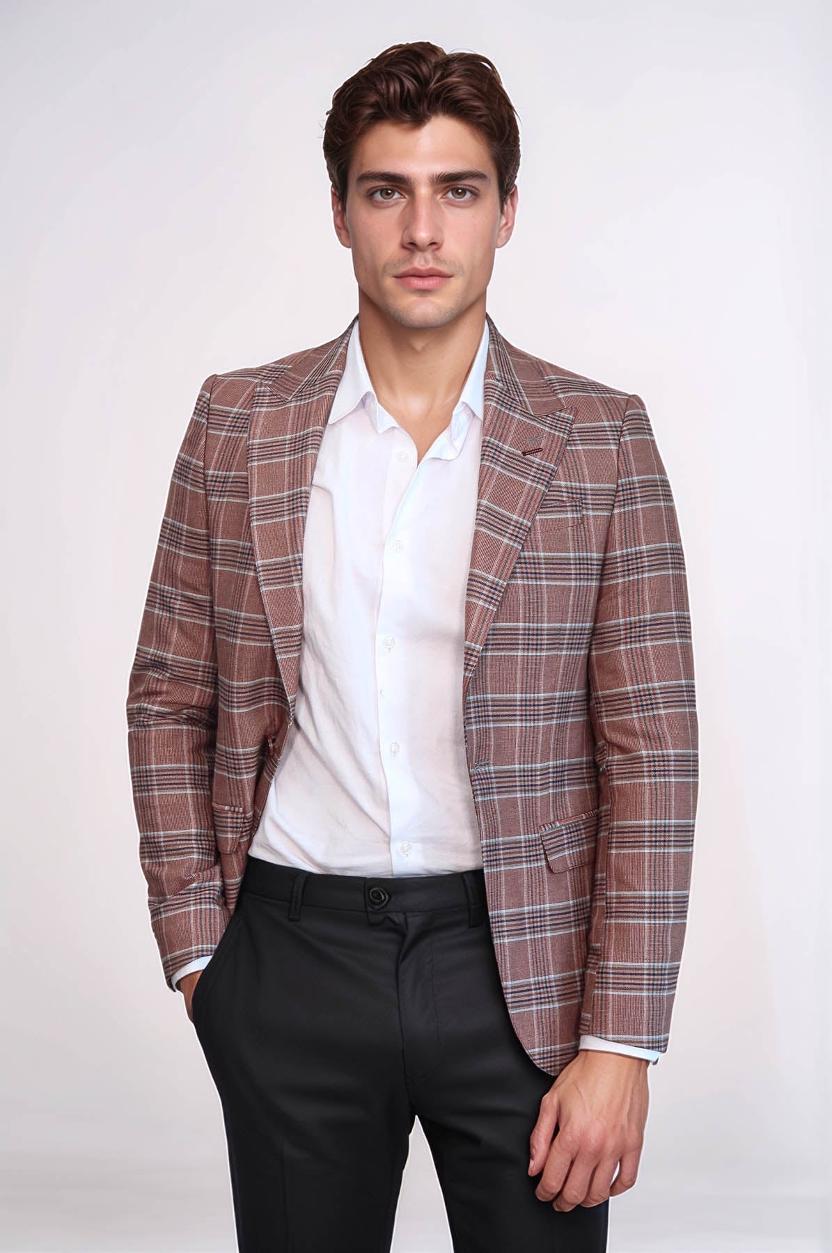 Checked Single Button Burgundy Men Blazer - Wessi